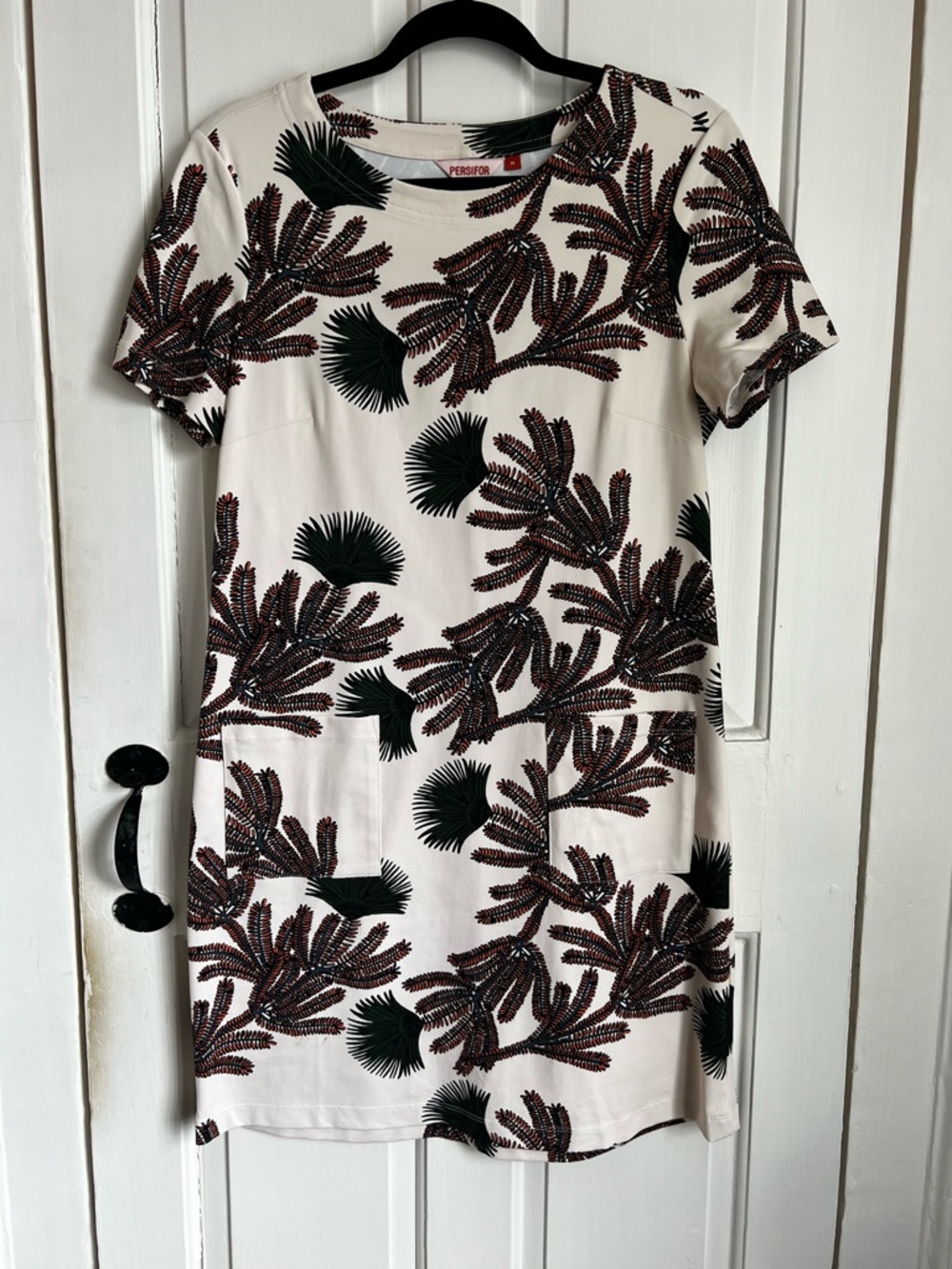 White Short-Sleeve Shift Dress with Brown & Green Botanical Print